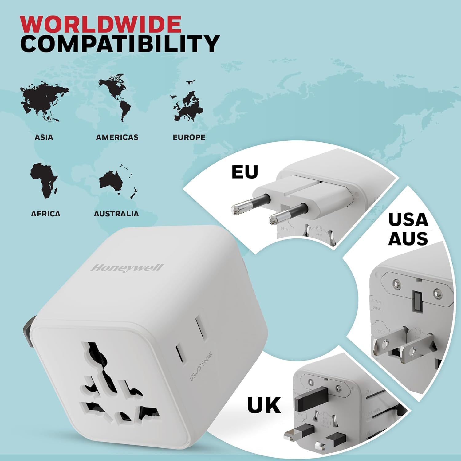 Honeywell New World Travel Adapter, Universal & US Socket, Charge 2 Devices Simultaneously, Worldwide Plug for EU, US, UK & CN/AUS, Overload & Over Voltage Protection, 3 Year Manufacturer Warranty — Amazon image 6