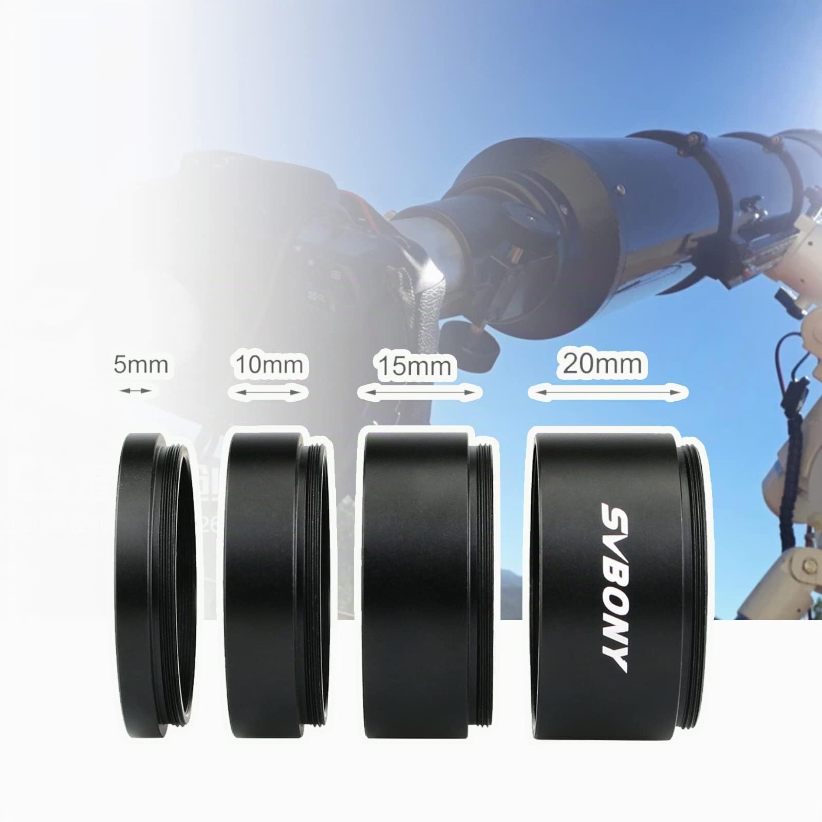 Svbony Adaptateur Telescope Appareil Photo M42 5mm 10mm 15mm 20mm T2 Tube D'extension de Télescope Adaptateur pour Allonger la Distance Focale en Astrophotographie