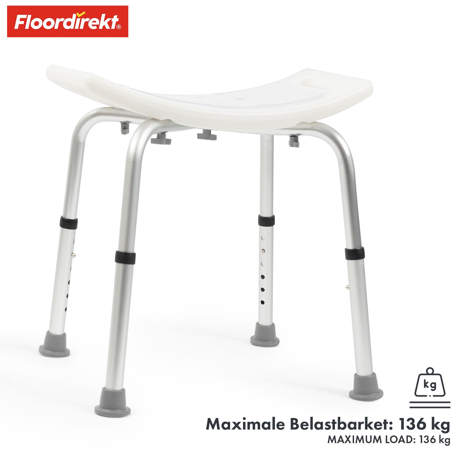 Floordirekt Noah Plus taboret prysznicowy z regulacją wysokości 37,5-49,5 cm, obciążenie do 136 kg, taboret łazienkowy dla seniorów, antypoślizgowe gumowe nóżki