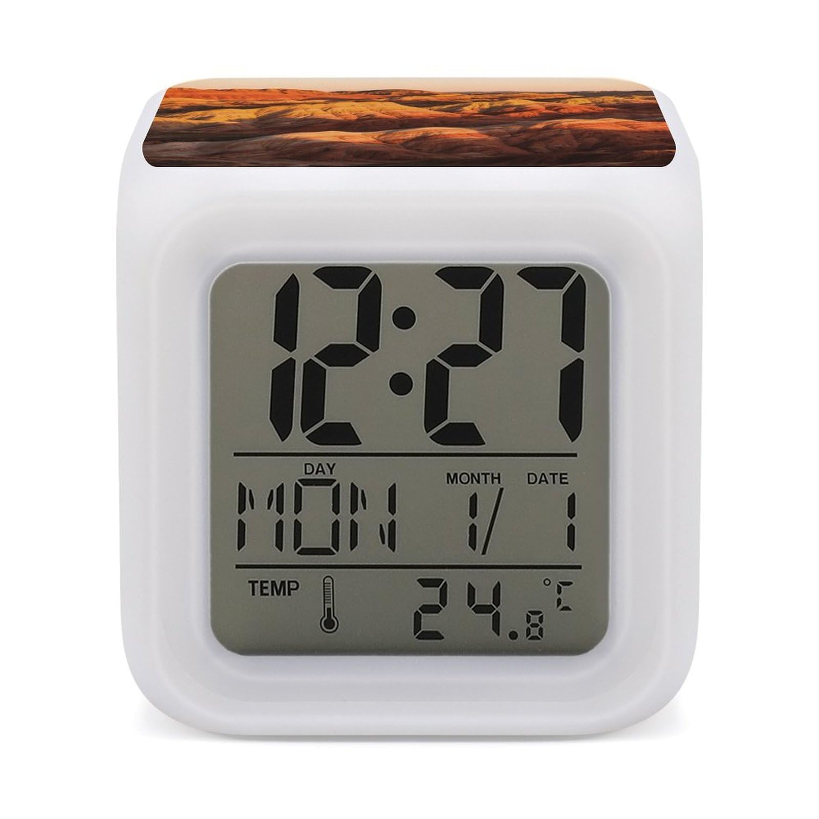 7 Color Ambient Night Light Cube Battery Operated Danxia Landform Digital Clock with Snooze Temperature LED Digital Alarm Clocks Dimmable Wake Up Light Portable Mood Lamp for Bedroom Desk Gift