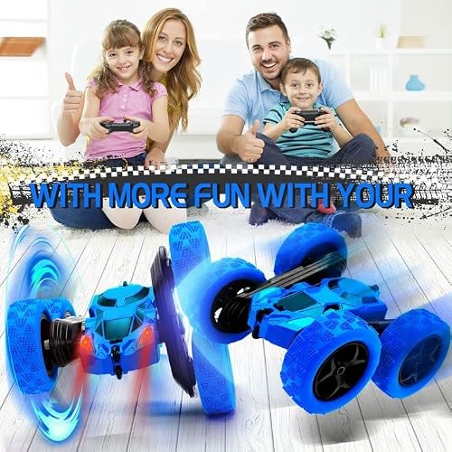 Dolanus Remote Control Car, RC Car Stunt Toys Contains All Batteries: 2.4Ghz Double Sided 360° Rotating 4WD RC Car with Headlights, Kids Christmas Birthday Toy Cars for Boys/Girls (Blue) - Thumbnail 3