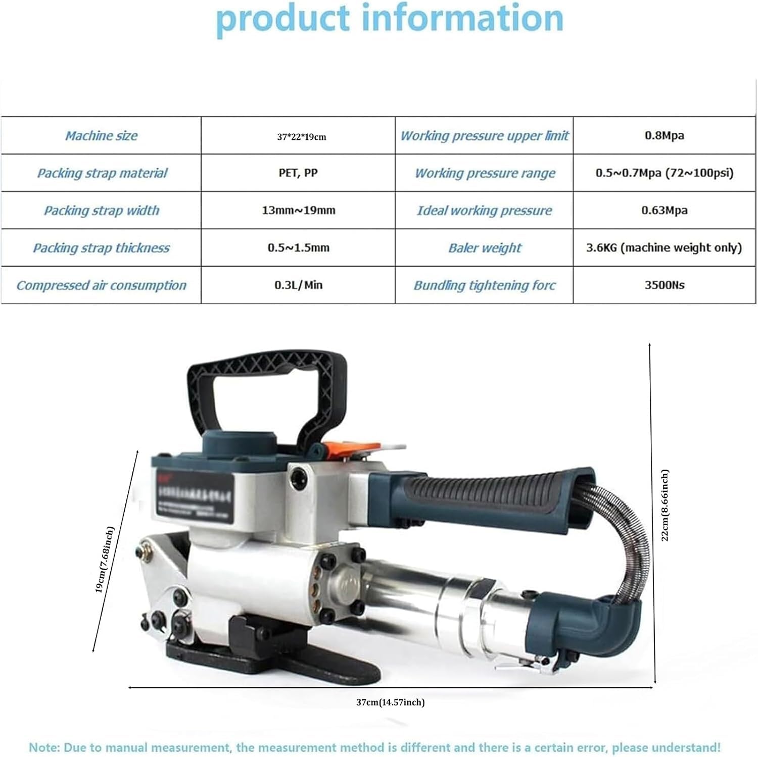 Pneumatisches Umreifungsgerät, Automatische Handumreifungsmaschine, Max. Zugkraft 3500 N, Schweißzeit 2–5 S, Hochbelastbare Industrieverpackung Für Holz, Metall Und Papier. 13-19mm