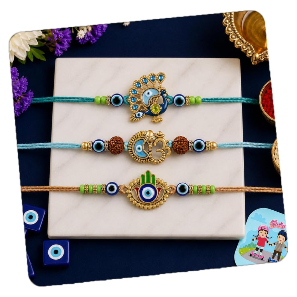 craftvatika Set of 3 Rakhi for Brother with Magnet Gift Raksha Bandhan Combo Set, Designer Evil Eye Ganesha Peacock Rakhi, Traditional Thread Set for Men Boys, Premium Festival Gift for Raksha Bandhan-picture-28