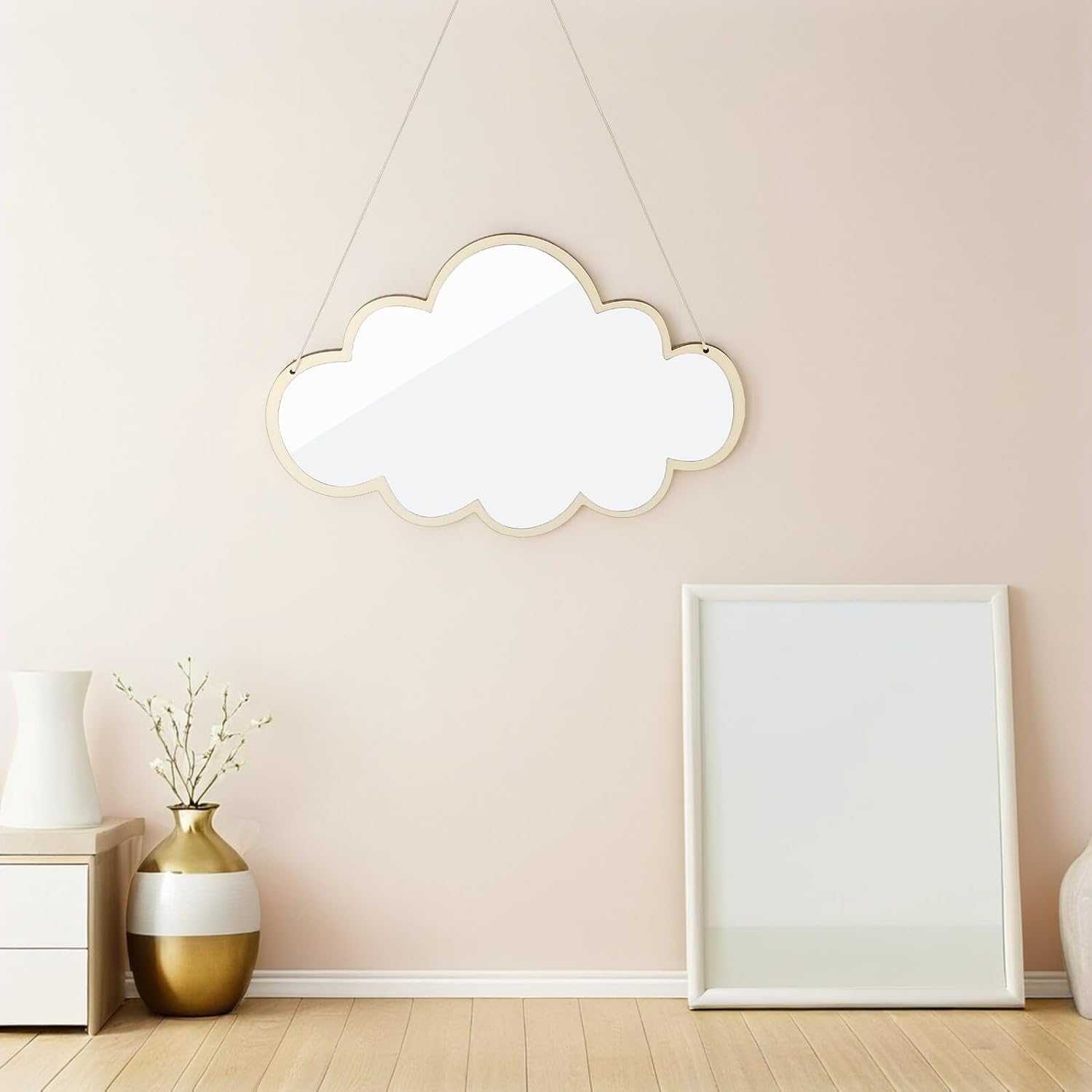 Zerodeko 2pcs Nordic Style Cloud Shape Acrylic Mirror with Wooden Frame, Hanging Wall Decorative Mirror for Nursery Playroom Bathroom Entryway