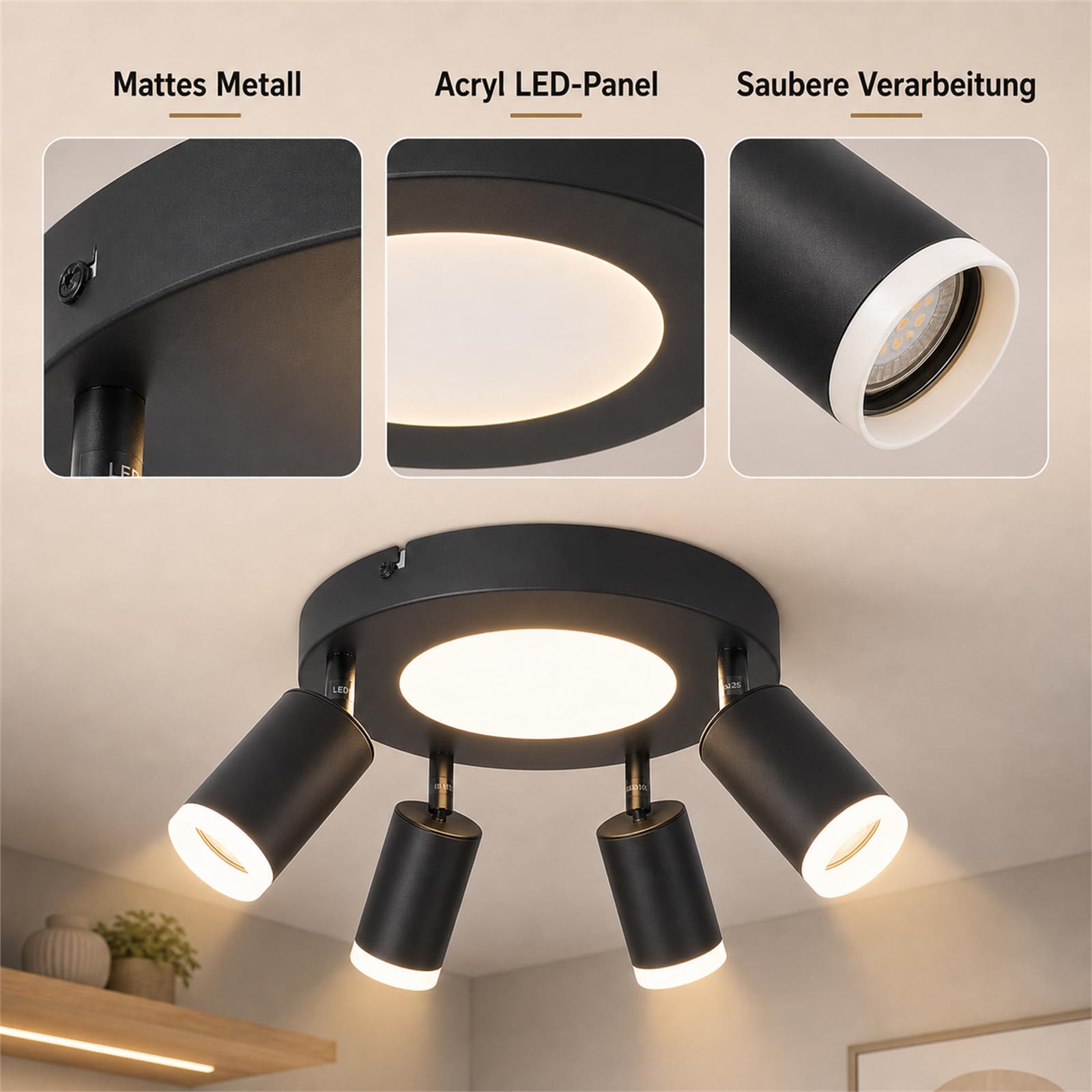 LED Deckenstrahler 4 Flammig Rund Schwarz Deckenlampe Warmweiß