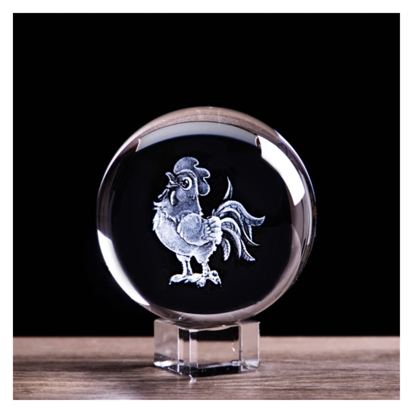 Posąg Do Dekoracji Wnętrza,Rzeźba Kryształ 3D L Grawerowany Zodiak Koguta Figurka Kryształowa Szklana Kula Sztuka Domowa Kolekcjonowa Kula Globe Akcesoria Prezent Urodzinowy Ornament/Piłka I Złota Baz