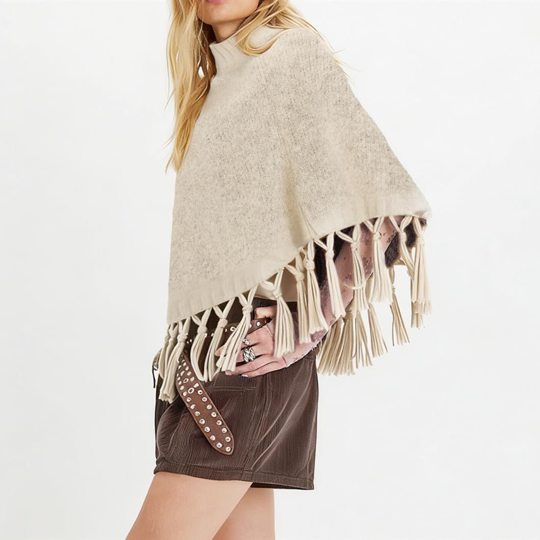 Women Tassel Poncho Sweater Mock Neck Crop Knit Shawls Wraps Pullover Sweaters Scarf Cape - Image 4