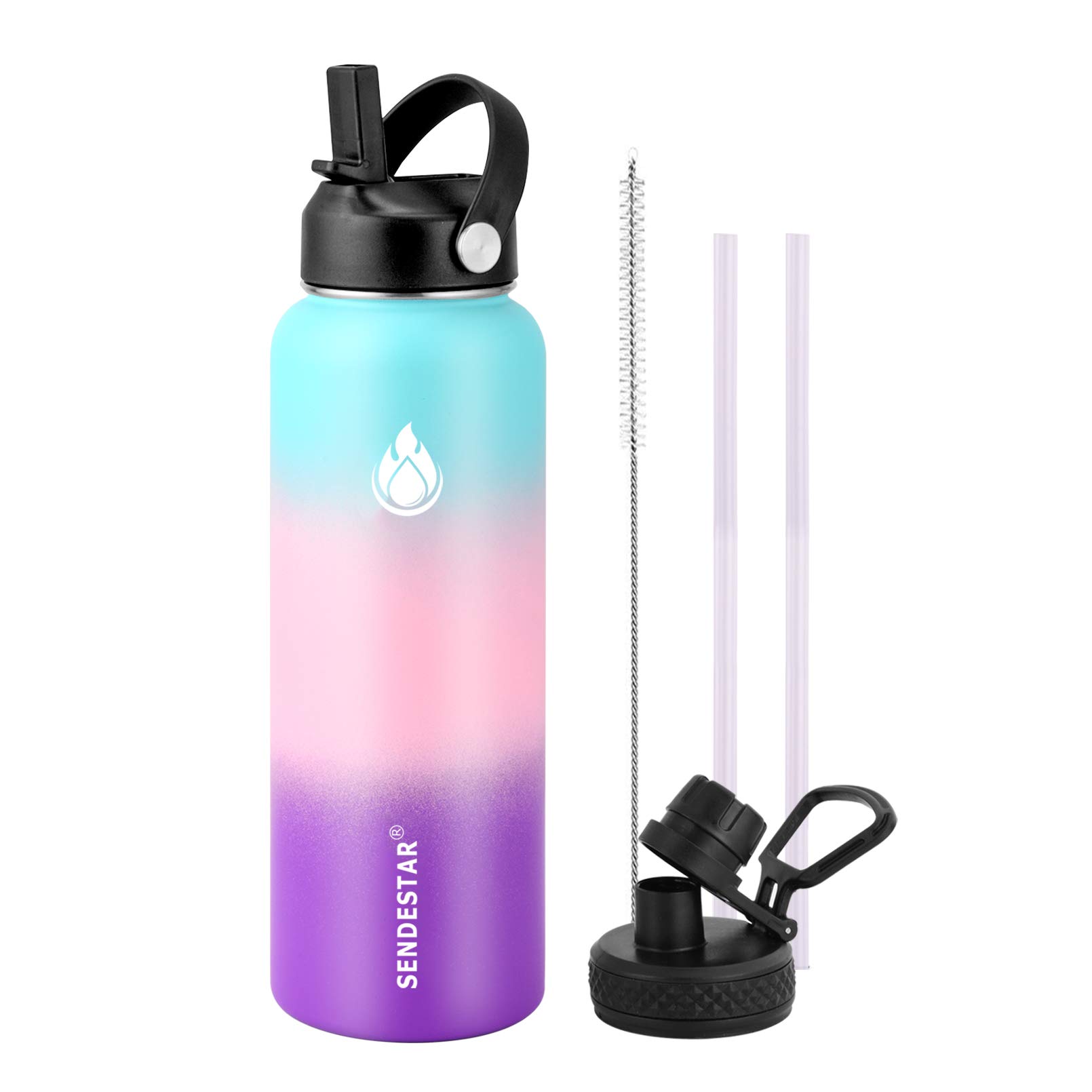 SENDESTAR Water Bottle 40oz Double Wall Vacuum Insulated Leak Proof Stainless Steel Sports Water Bottle—Wide Mouth with New Flex Straw Lid & Spout Lid (Hydrangea)