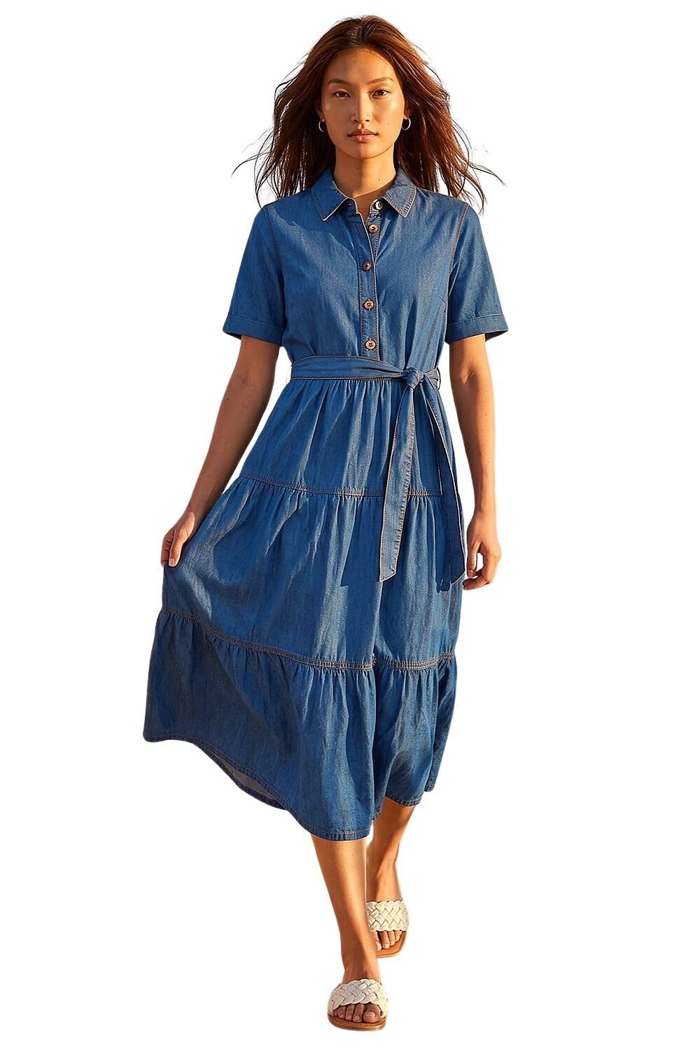 Roman Women's Button Detail Tiered Midi Dress in Mid Blue | Size: 12