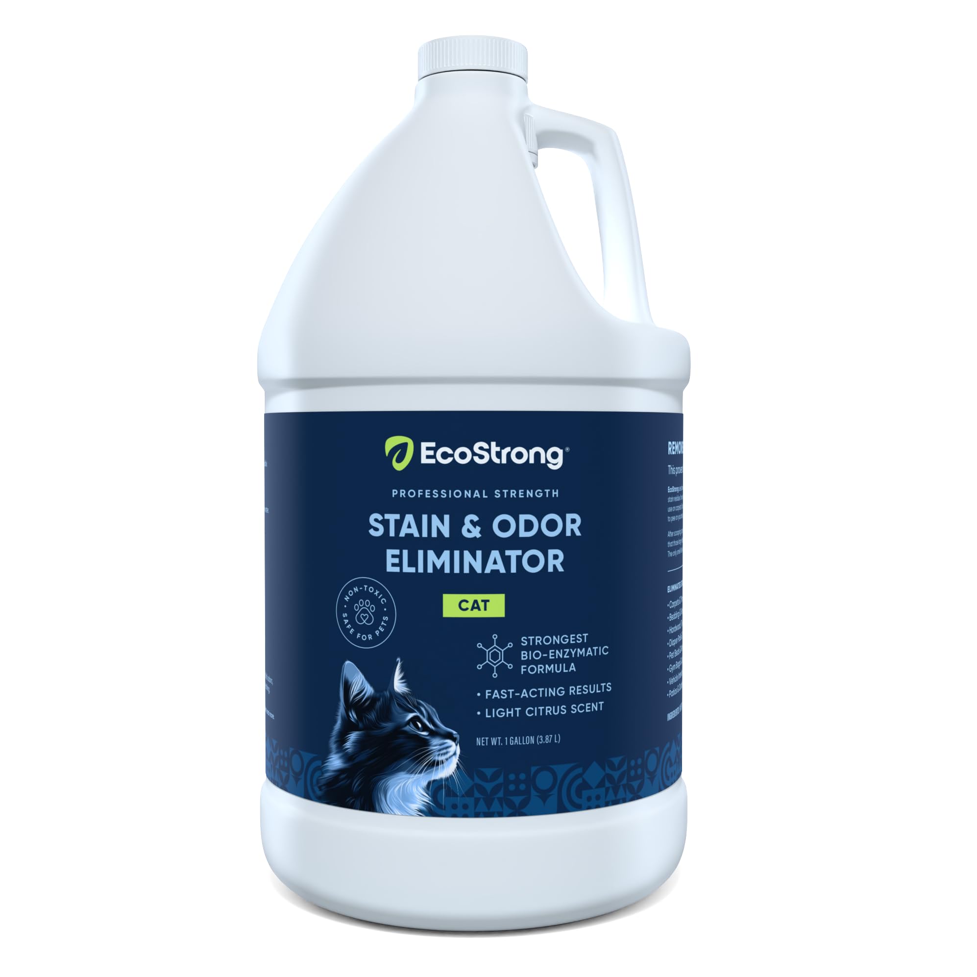 Eco Strong Cat Urine Cleaner & Odor Remover | Enzymatic Cat Urine Stain Miracle Eliminator for Carpet, Laundry, Bedding, Indoor or Outdoor Multi-Surface Pet Messes – 1 Gallon