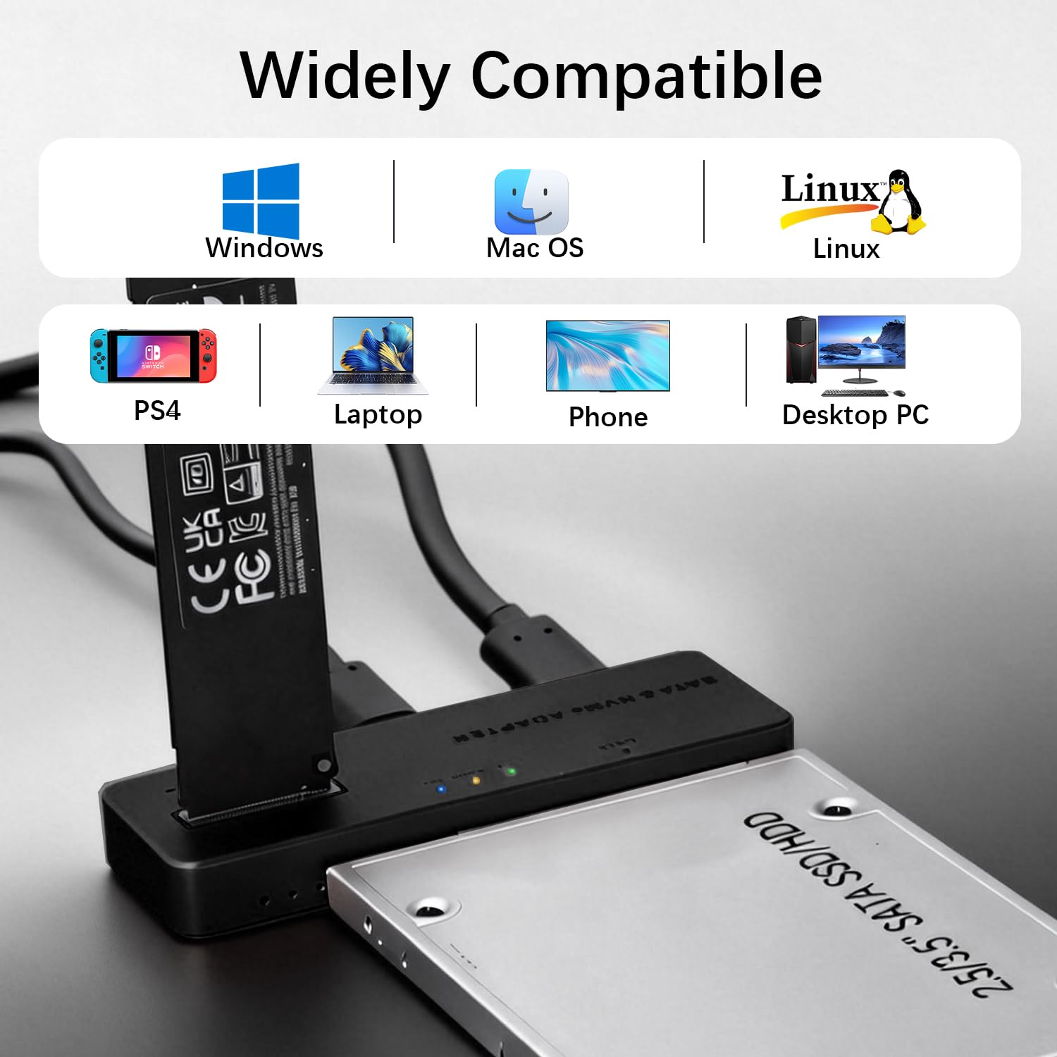 Boîtier M.2 NVMe et Adaptateur Disque, USB 3.2 Type-C /A 10Gbps boîtier Externe M.2 & Dock Disque SATA pour NVMe SSD Ainsi Que HDD/SSD 2,5/3,5 Pouces