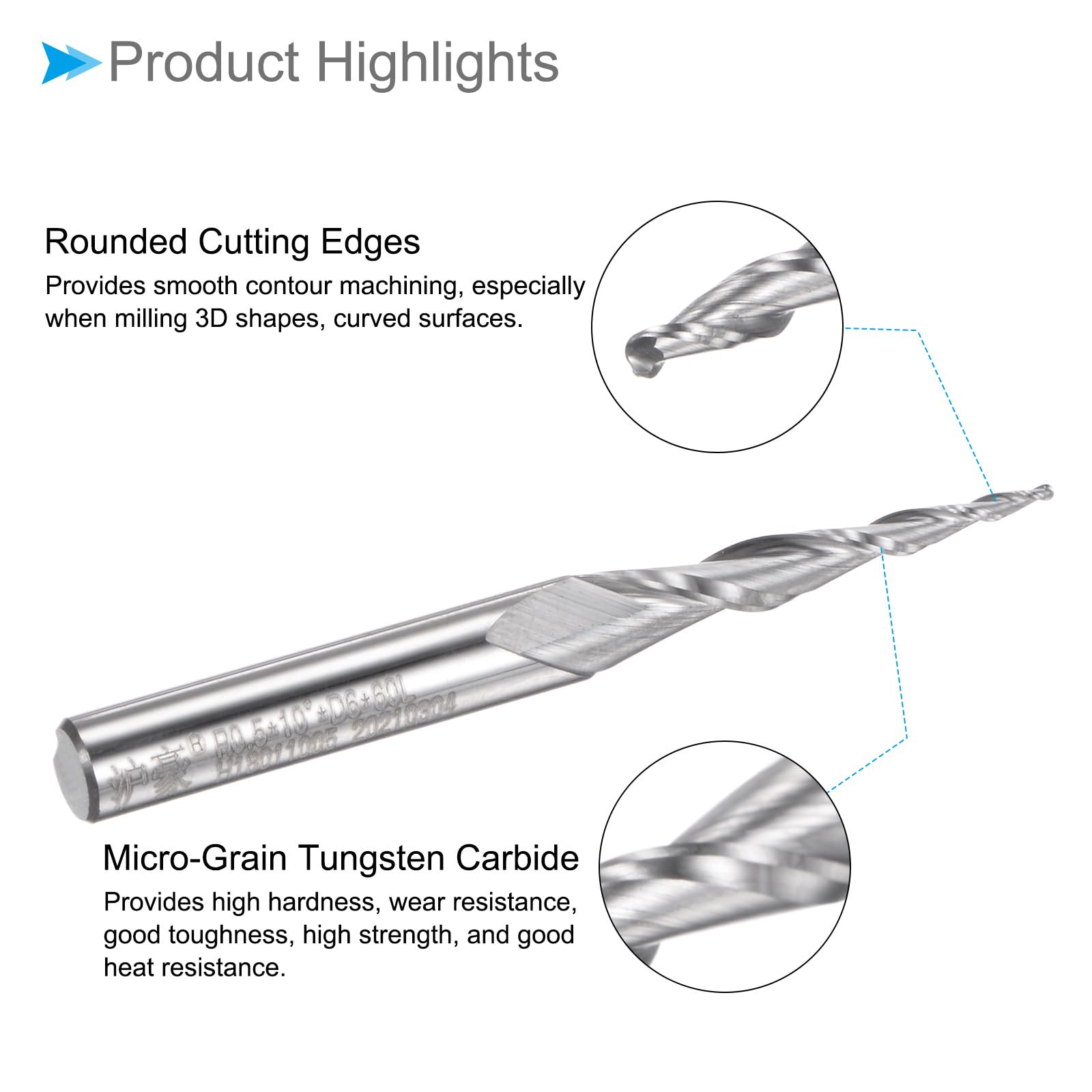 Fraise à Bout Sphérique Conique, Rayon de 0,5 mm, Queue de 6 mm, Angle de 10 Degrés, Carbure Micro-Grain 2 Flûtes, Fraiseuse CNC - (Applications : Acier Inoxydable, Aluminium)