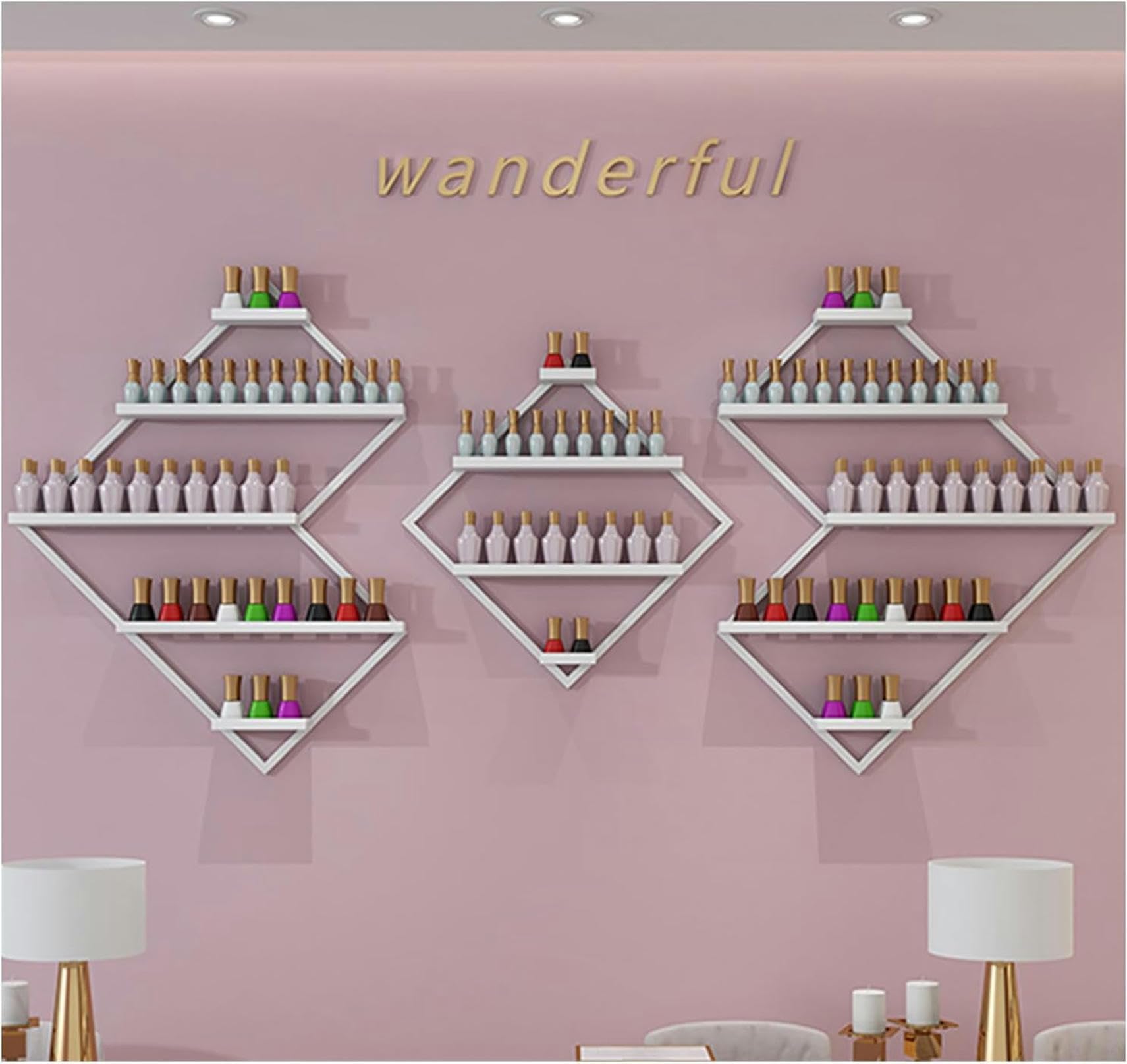 Expositor Poligonal de esmaltes de uñas, de Metal, para Pared, para perfumes y aceites Esenciales, Ideal para salón de uñas, SPA y Tienda (Blanco)