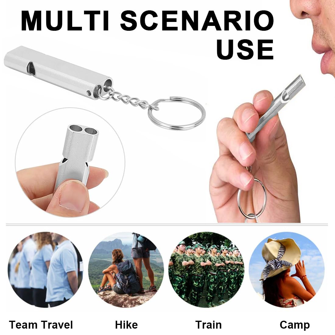 2 Silbatos de Emergencia de Doble Tubo, 120dB Silbato de Supervivencia de Alta Frecuencia con Llavero para Senderismo, Camping, Deportes y Seguridad (Plateado y Negro)