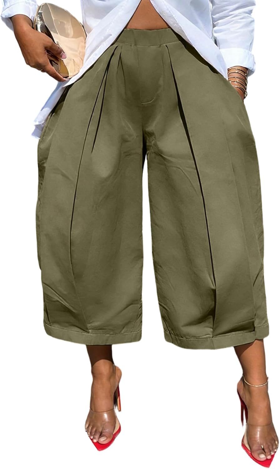 DINGANG Women's Wide Leg Capri Pants High Waisted Pleated Cropped Trousers Ankle Casual Palazzo Pant with Pockets