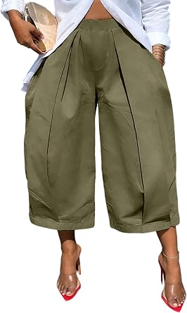 DINGANG Womens Wide Leg Capri Pants Pleated Balloon Cropped Trousers