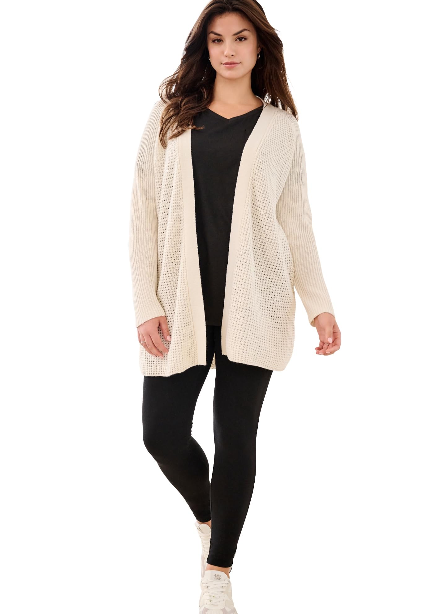 ellos Womens Plus Size Open Front Waffle Cardigan Oversized Long Lightweight Sweater