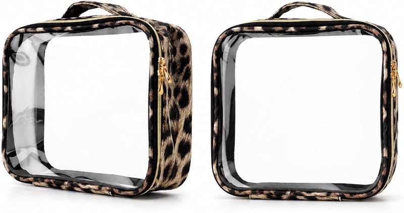 Necessaires transparentes Cozomga com zíper e alça, estampa de leopardo, 3 unidades
