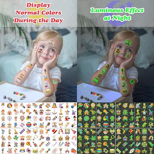 Image of 96 PCS Glow in the Dark Temporary Tattoos for Kids - Carnival Circus Clown | Animal Popcorn Fake Tattoos | Luminous Waterproof Stickers for Birthday Party Favors, Supplies & Decorations (Boys & Girls)