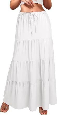 Ezcosplay Women Ruffle Tiered Cotton Maxi Skirt Drawstring Elastic High Waisted Pleated A Line Swing Long Skirts