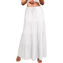 Ezcosplay Women Ruffle Tiered Cotton Maxi Skirt Drawstring Elastic High Waisted Pleated A Line Swing Long Skirts