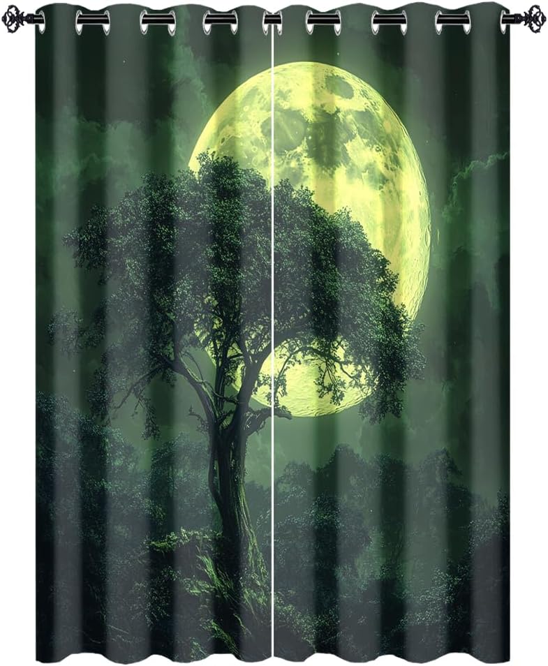 Watercolor Fantasy Full Moon Blackout Curtains for Bedroom Room,Cabin Tropical Jungle Full Moon Darkening Thermal Insulated Grommet Window Drapes 2 Panels 63" L x 21" W