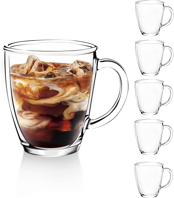 [6-Pack, 350 ml] DesignMaster Premium Glass Coffee Mugs with Handle, Transparent Tea Glasses for Hot/Cold Beverages, Perfect Design for Americano, Cappuccinos, Latte or Macchiato, Tea and Beverage.