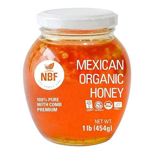NBF Miel orgánica con miel (16 onzas) 100% pura, cruda, sin filtrar, sin pasteurizar, miel premium de la selva tropical biodiversa mexicana, flores