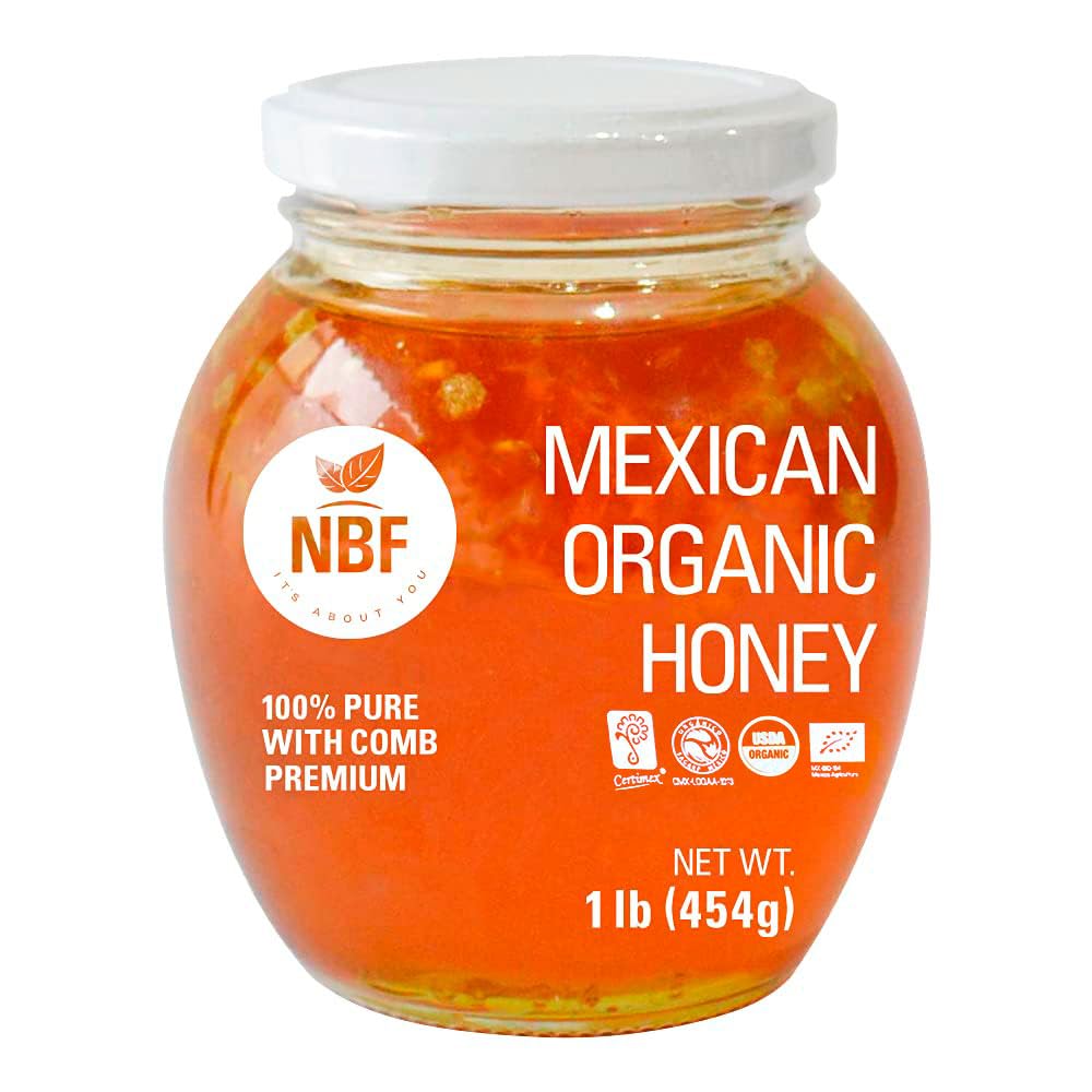NBF NATURA BIO FOODS - Organic Raw Honey with Honeycomb | No Added Sugar | Gluten-Free | Rich in Antioxidants from Wildflowers | Ideal for Drinks & Pancakes, 1 lb