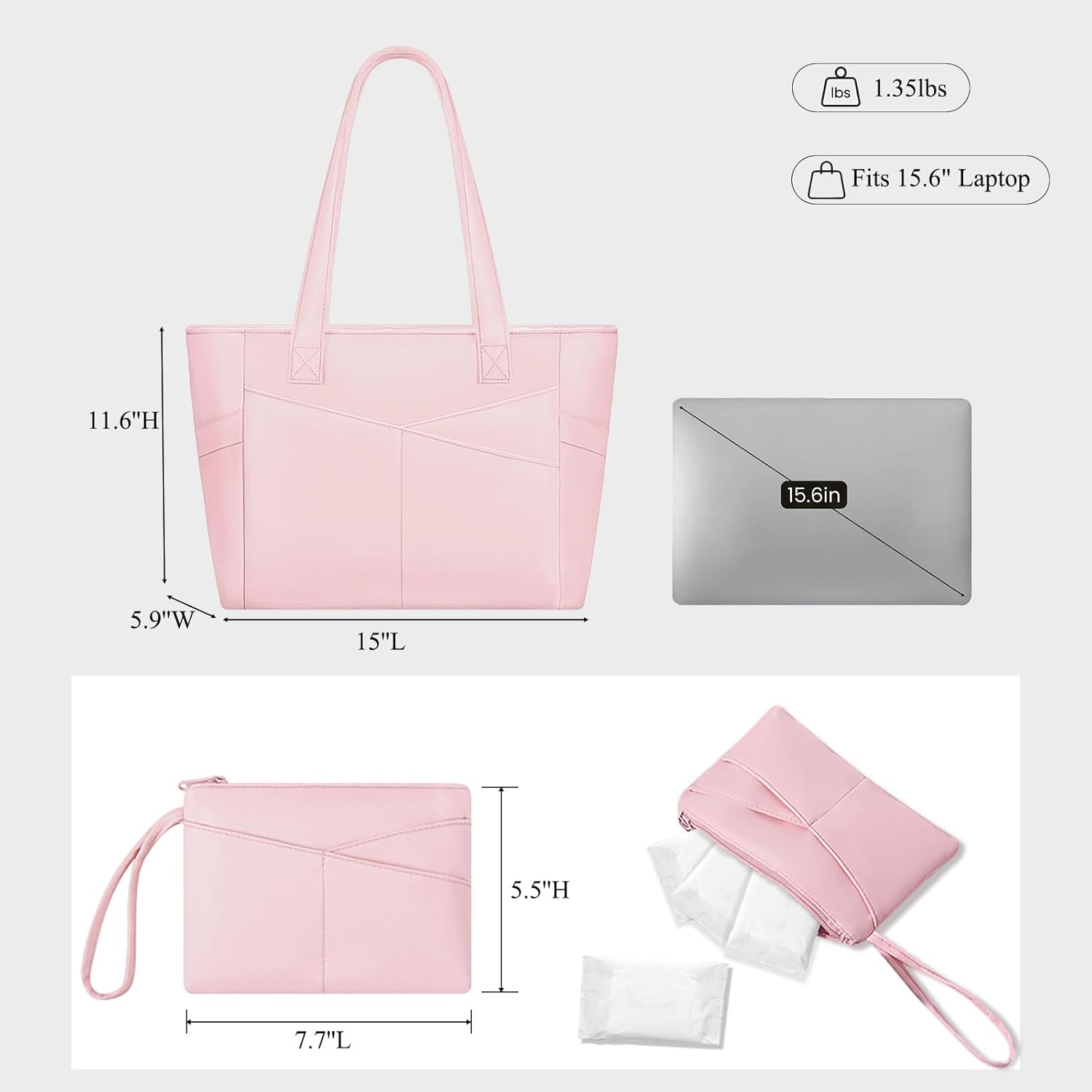 CTWWFS Large Tote Bag for Women with Zipper, Nylon Lightweight Work Tote with 15.6" Laptop Sleeve, Nurse Bag for Work College | Multi-Pockets, Machion Washable, Tear Resistant