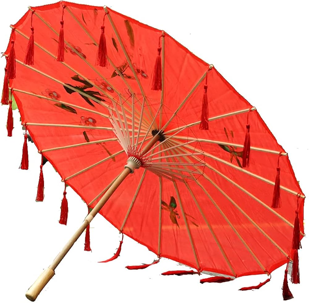 KLgeri Paraguas de seda de hada estilo antiguo paraguas Hanfu largo borla paraguas clásico traje artesanal paraguas chino pintura antigua paraguas