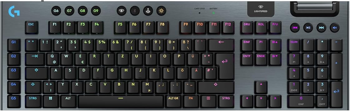 Logitech G G915 X Lightspeed - Wireless Flat Gaming Keyboard Double Shot PBT Keycaps Fully Programmable Keys RGB Backlight GL Blue Clicky - PC/Mac DEU QWERTZ - Black