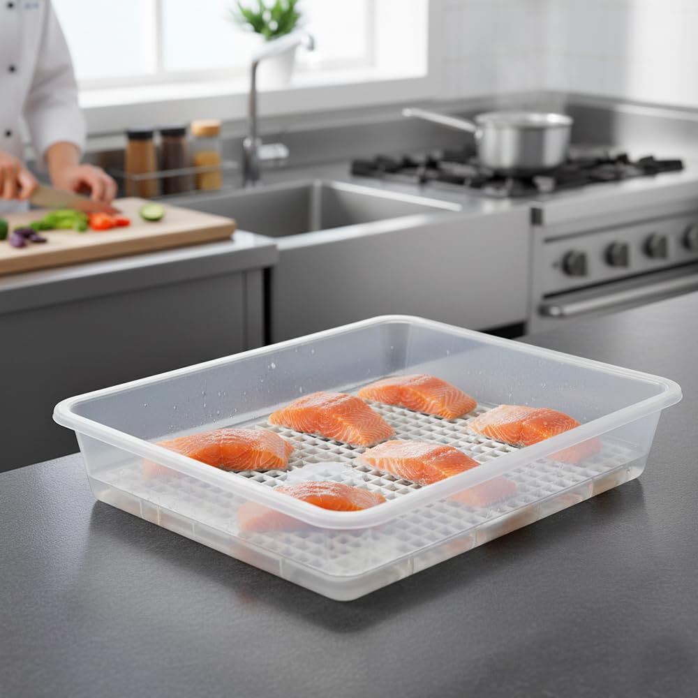Pack 12 Bandejas Descongelar Alimentos 4,2L Tapa Verde y Rejilla Antigoteo | 36 x 24 x 8,5cm. Sin BPA. Recipiente para descongelación más higiénica. Ideal cocinas, restaurantes, hostelería y cátering