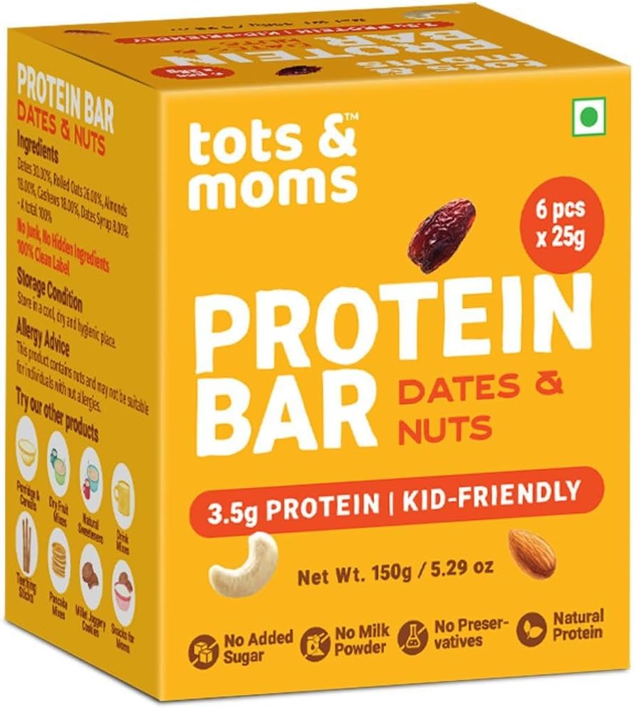 Tots & Moms Kids-Friendly Protein Bar – Dates & Nuts (25g x 6) | 3.5g Protein per Bar | High Fibre & Gut-friendly | No Refined Sugar or Preservatives | 150g