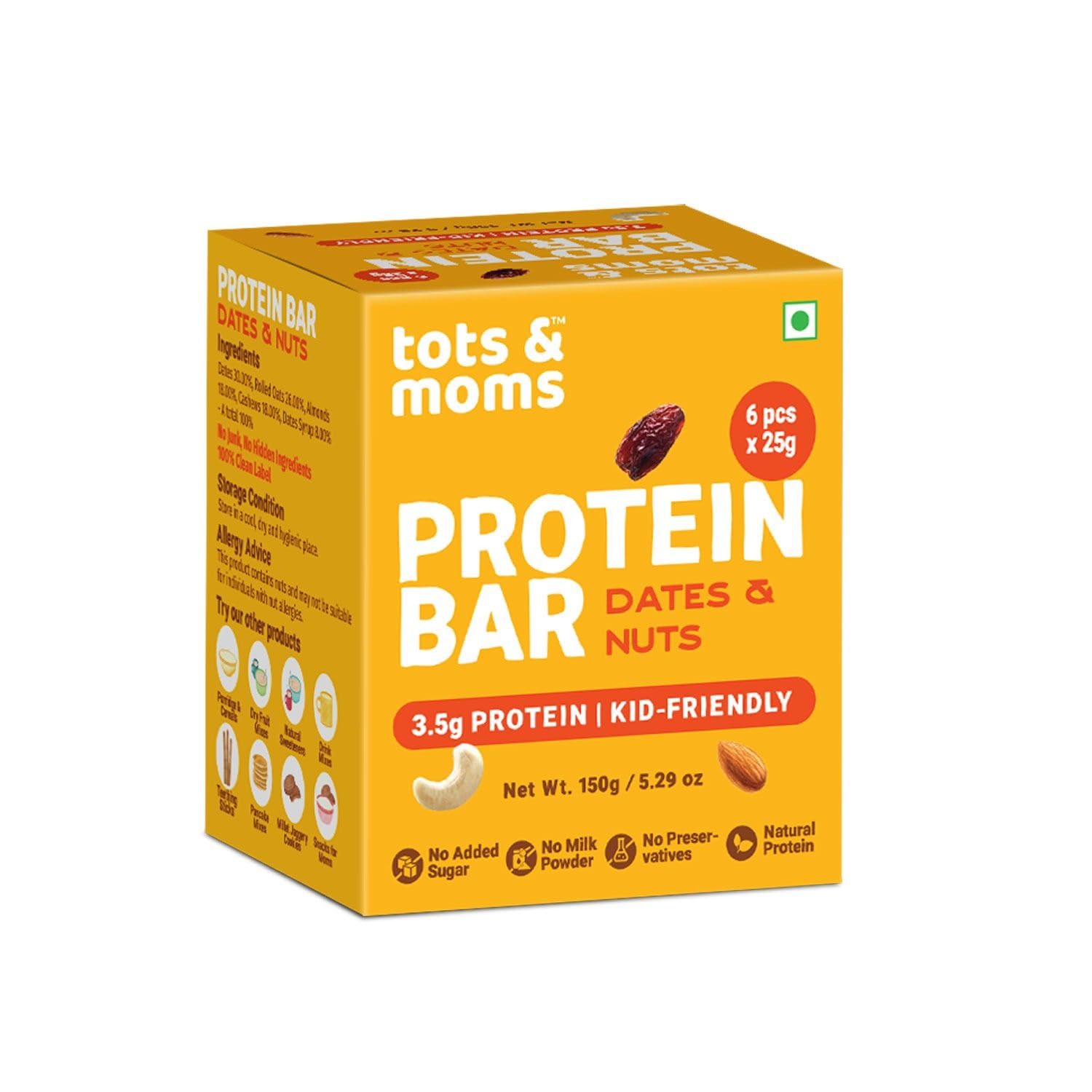 Tots & Moms Kids-Friendly Protein Bar – Choco & Dates (25g x 6) | 3.5g Protein per Bar | Antioxidant-Rich Cocoa & High-Fiber Oa — Amazon image 9