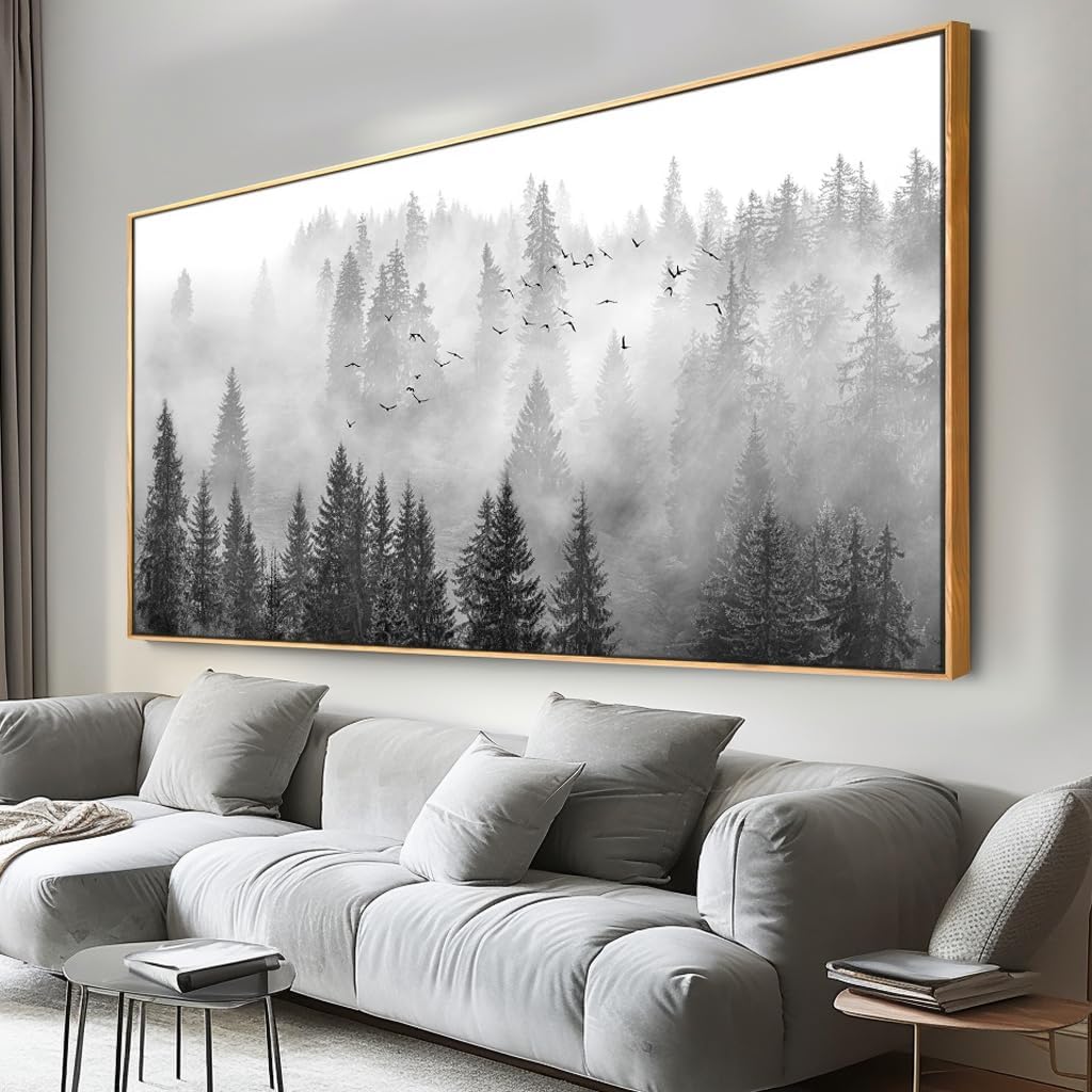 vgrozirh Framed Ready to Hang Wall Art Foggy Forest Black and White Wall Art Nature Landscape Mountain Photographic Printed on Canvas for Bedroom Living Room Office Home Decor 30"x60"