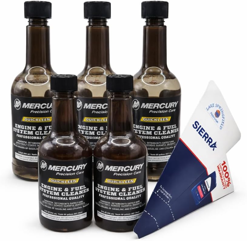 5-Pack Mercury Quickleen Engine & Fuel System Cleaner 12 oz – Bundle by Lake Springfield Marina, Includes Funnel