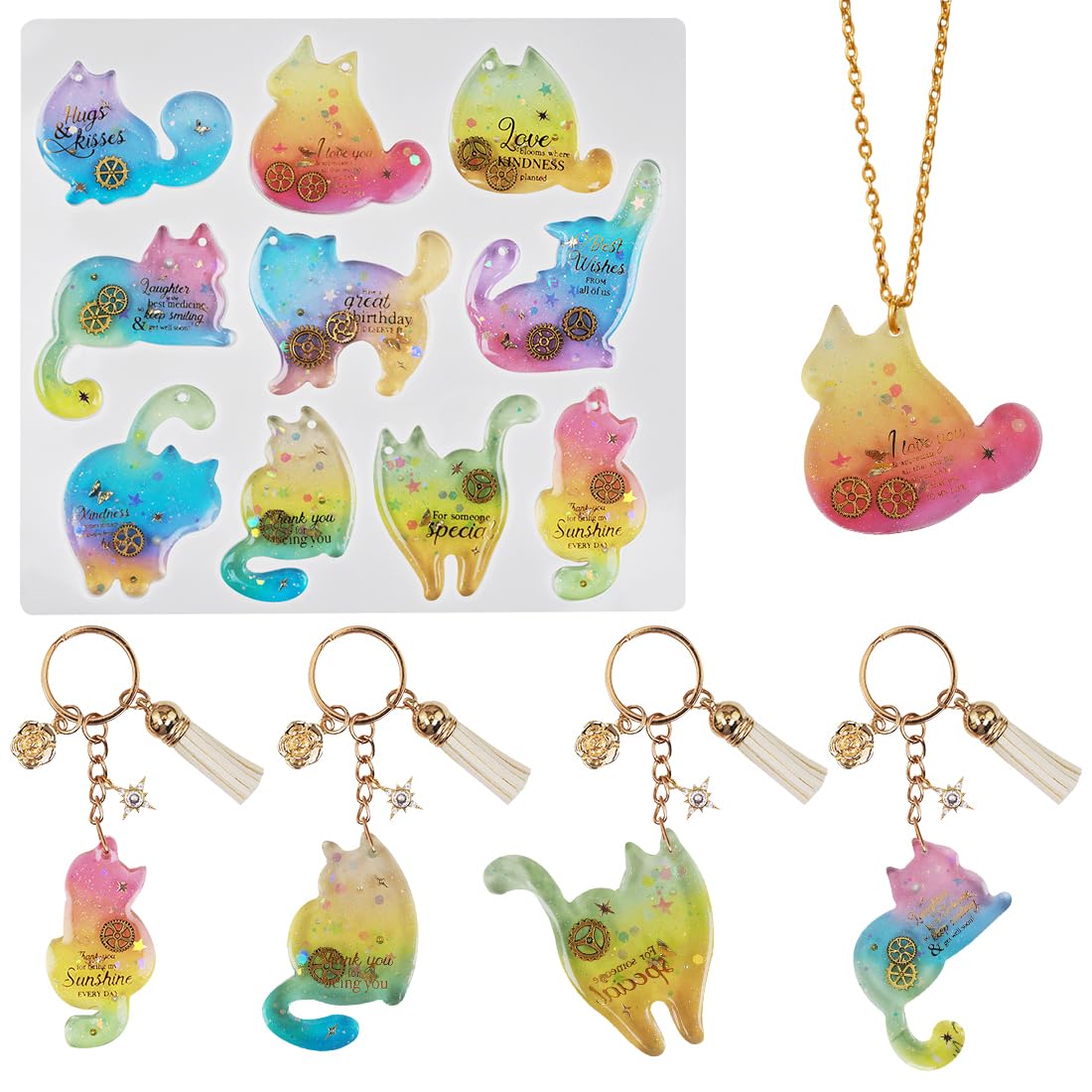 Voyyphixa 10 Pcs Cat Resin Mould Kitten Jewelry Silicone Moulds Cute Animal Silicone Mold Epoxy Resin Casting Mold for DIY Crafts Pendant Charms Keychain Ornaments