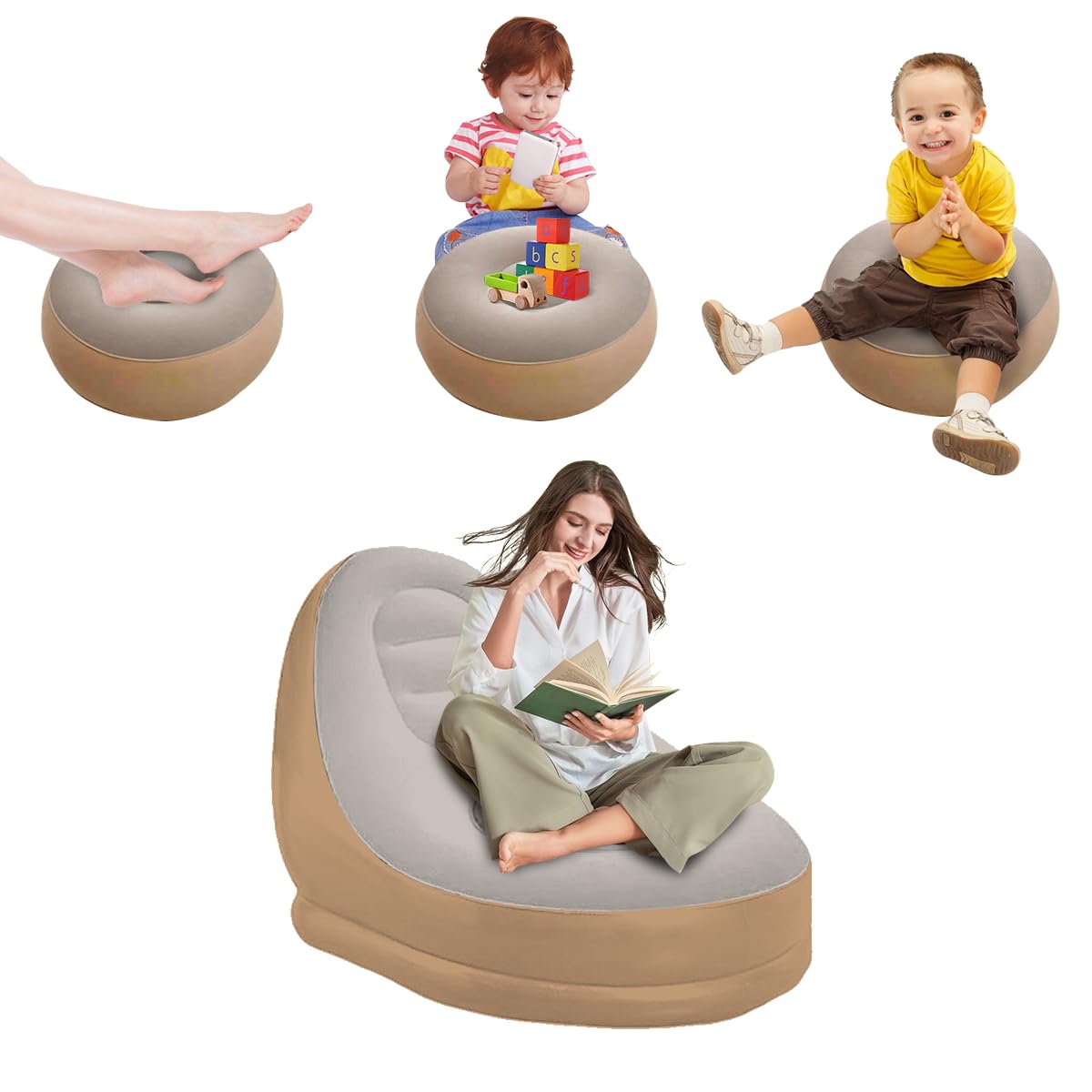Baiao Inflatable Lounge Chair with Ottoman Footrest Indoor Foldable Deck Chair Chaise Lounges Lounge Sofa for Living Room Bedroom Patio Poolside Beach (Milk-Tea) 3