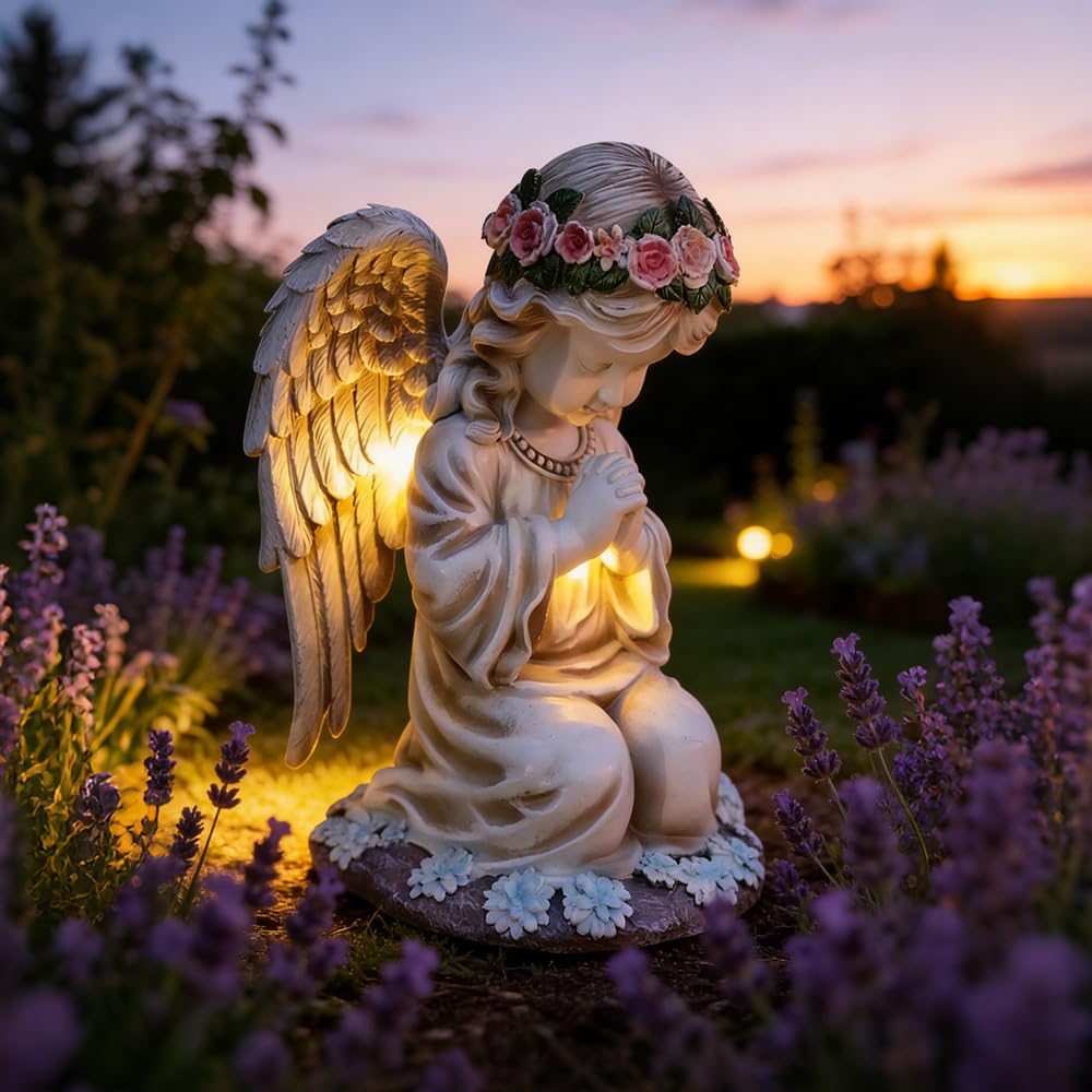 Statue da Giardino a Forma di Angelo Custode, Solare Statue Angeli Figure da Giardino con Angeli Solari con Luci a LED Resistente alle Intemperie Decorazione da Giardino a Forma di Angelo per Esterno