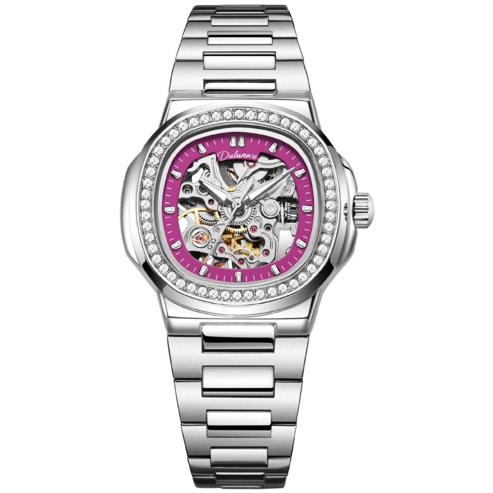 Damen Ausgehöhlte Skelett Vollautomatische Mechanische Uhr Mode Diamant eingelegte Lünette Uhr Leuchtende Wasserdicht Elegant Luxus Armbanduhr