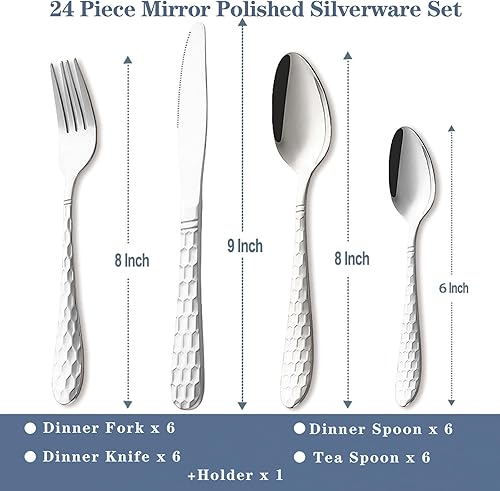 Miniatura 7 de Juego de cubiertos de 24 piezas de acero inoxidable con soporte, juego de utensilios pulidos de espejo para 6, juego de vajilla duradera para