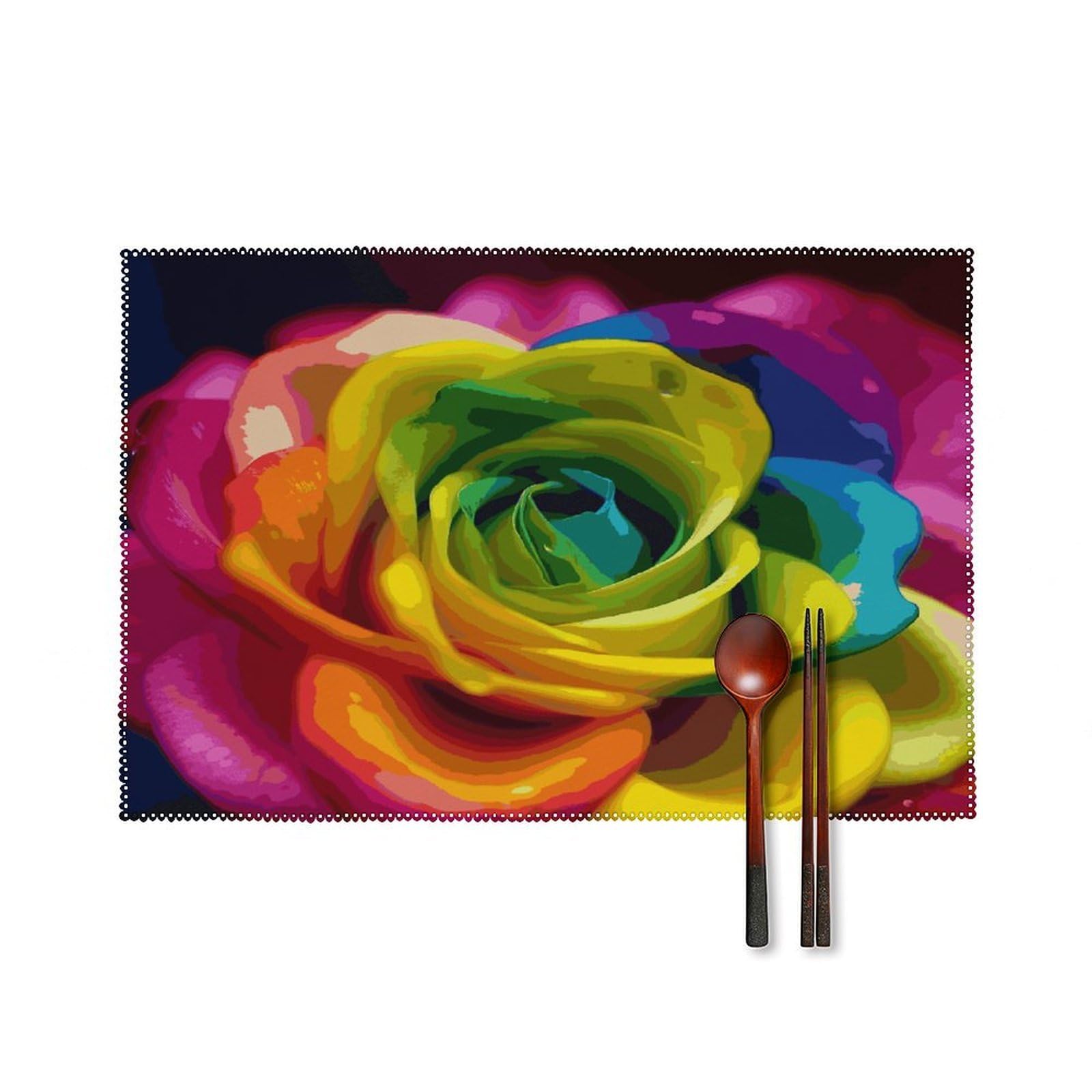 Rainbow Flower Placemats Set of 4 Canvas Place Mats Non-Slip Heat Resistant Table Mats Washable Waterproof Placemat Wipeable Tablemats for Kitchen Dining Decor Place Mat