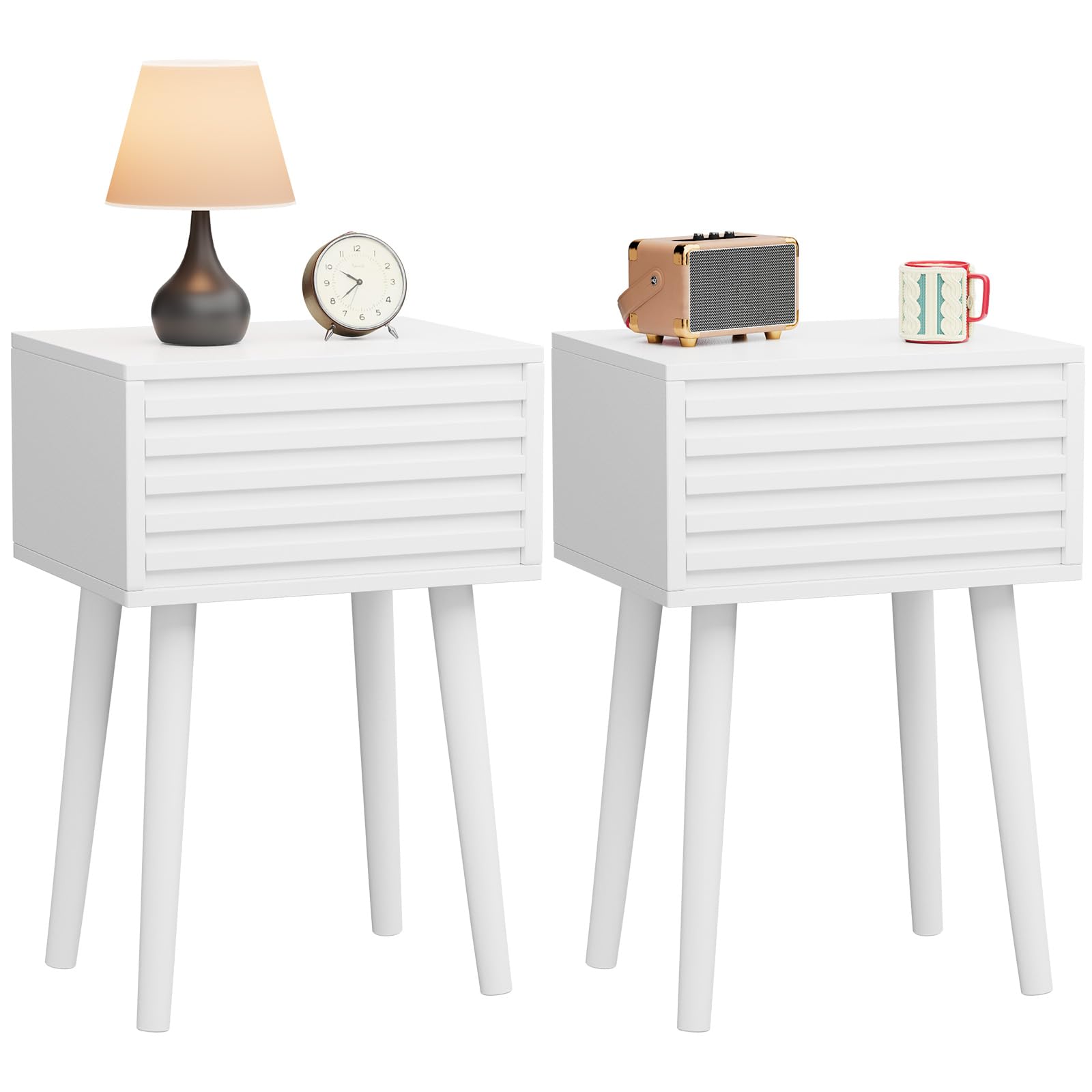 YMYNY Fluted Nightstand Set of 2, Small Bedside Table, Mid-Century Modern End Table, Push-to-Open Door, Solid Wood Legs, 35x27x53 cm, for Living Room, Bedroom, White HST018W-2