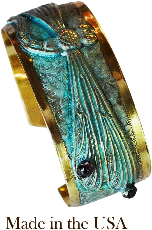 Elaine Coyne Collectible Artwear Verdigris Patina Solid Brass Decorative Dragonfly Cuff - Genuine Garnet - Image 7