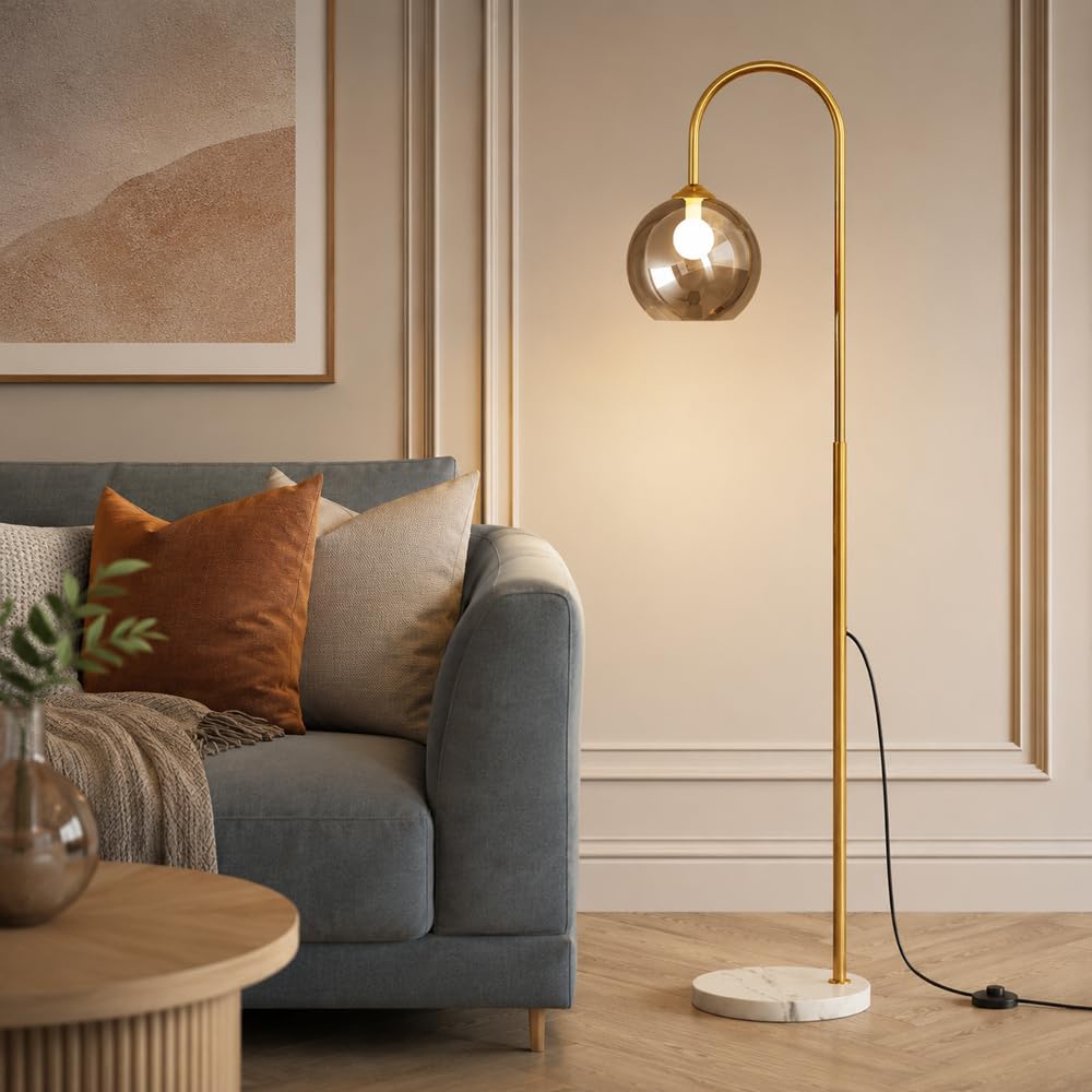 Wylolik Mid Century Modern Arc Floor Lamp, Globe Glass Shade, E27 3-Color Dimmable Globe Glass Standing Lamp, 64in Tall Light for Living Rooms, Bedrooms, Study, Reading Corners (Includes Bulb)