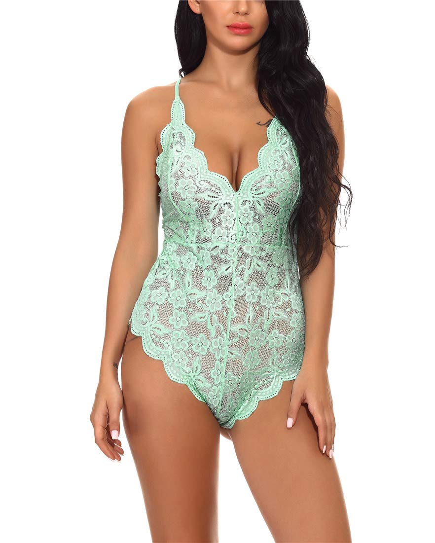 Sexoo Sexy Lingerie for Women Teddy One Piece Lace Babydoll Bodysuit Green