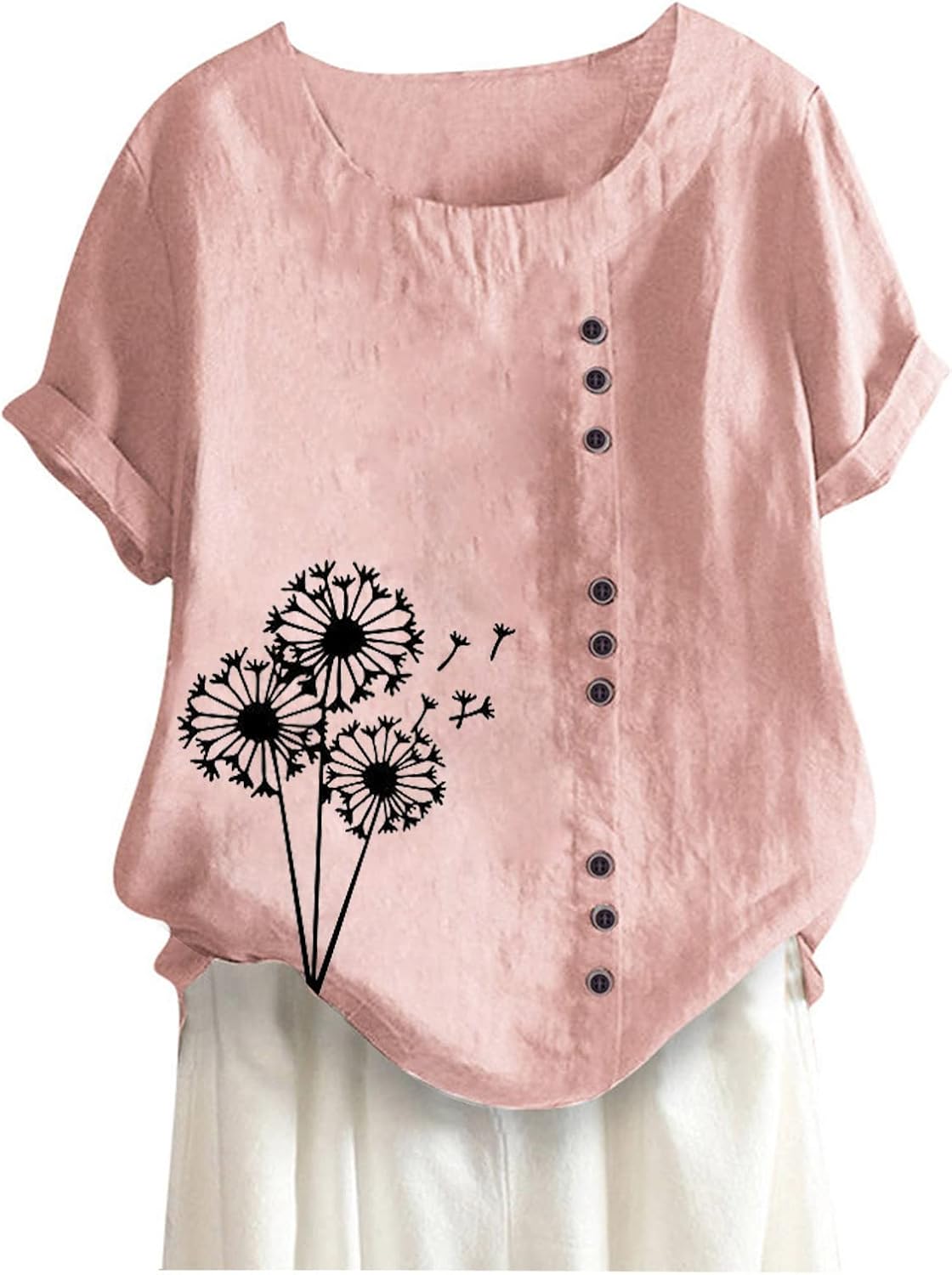 Camisetas de verano para mujer, tallas grandes, de algodón, lino, manga corta, con estampado floral, con botones, básicas, túnica