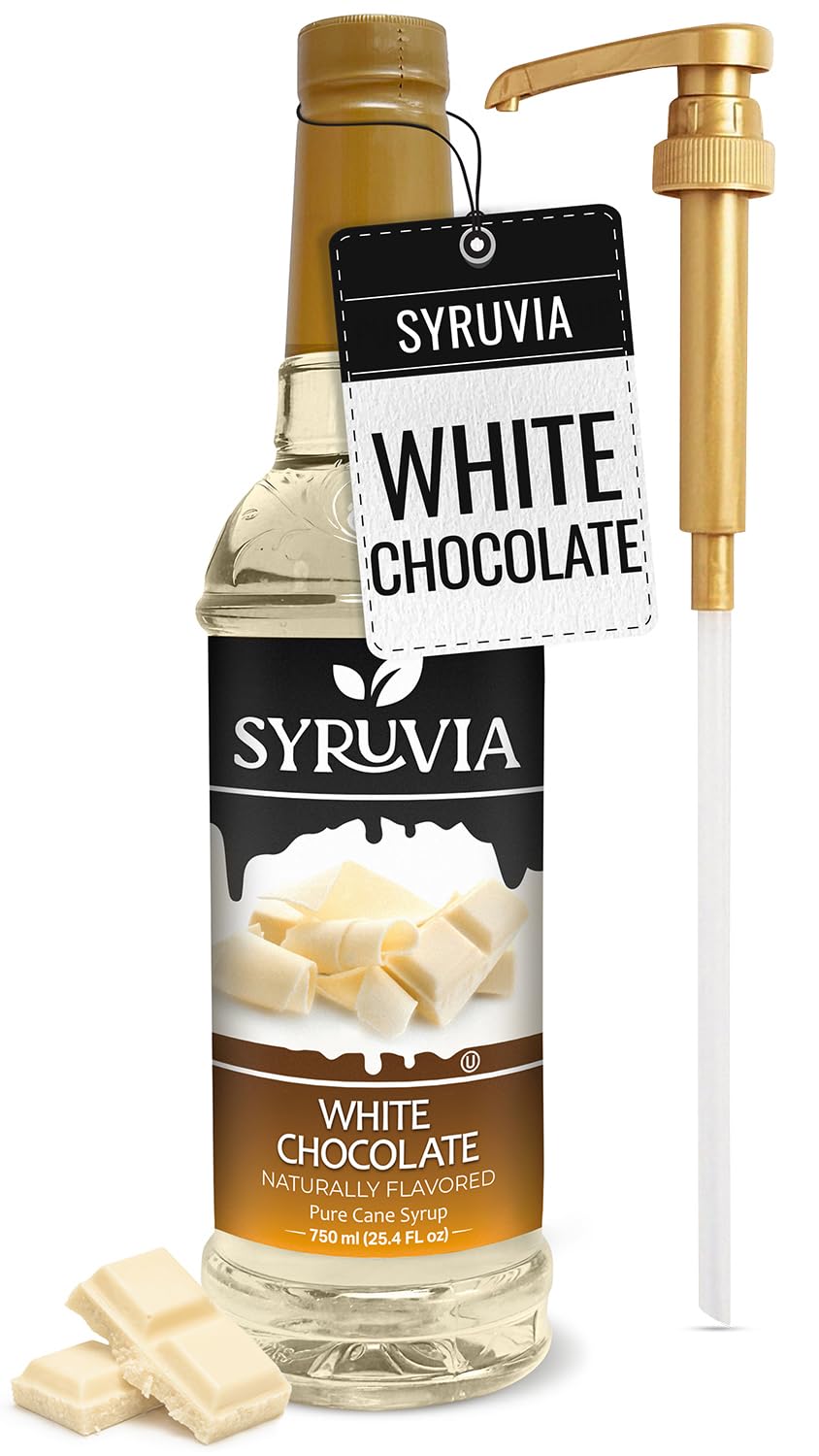 Syruvia Coffee Syrup, White Chocolate Flavored Syrup for Drinks, Lattes, and Desserts – 25.4 fl oz, With Pump