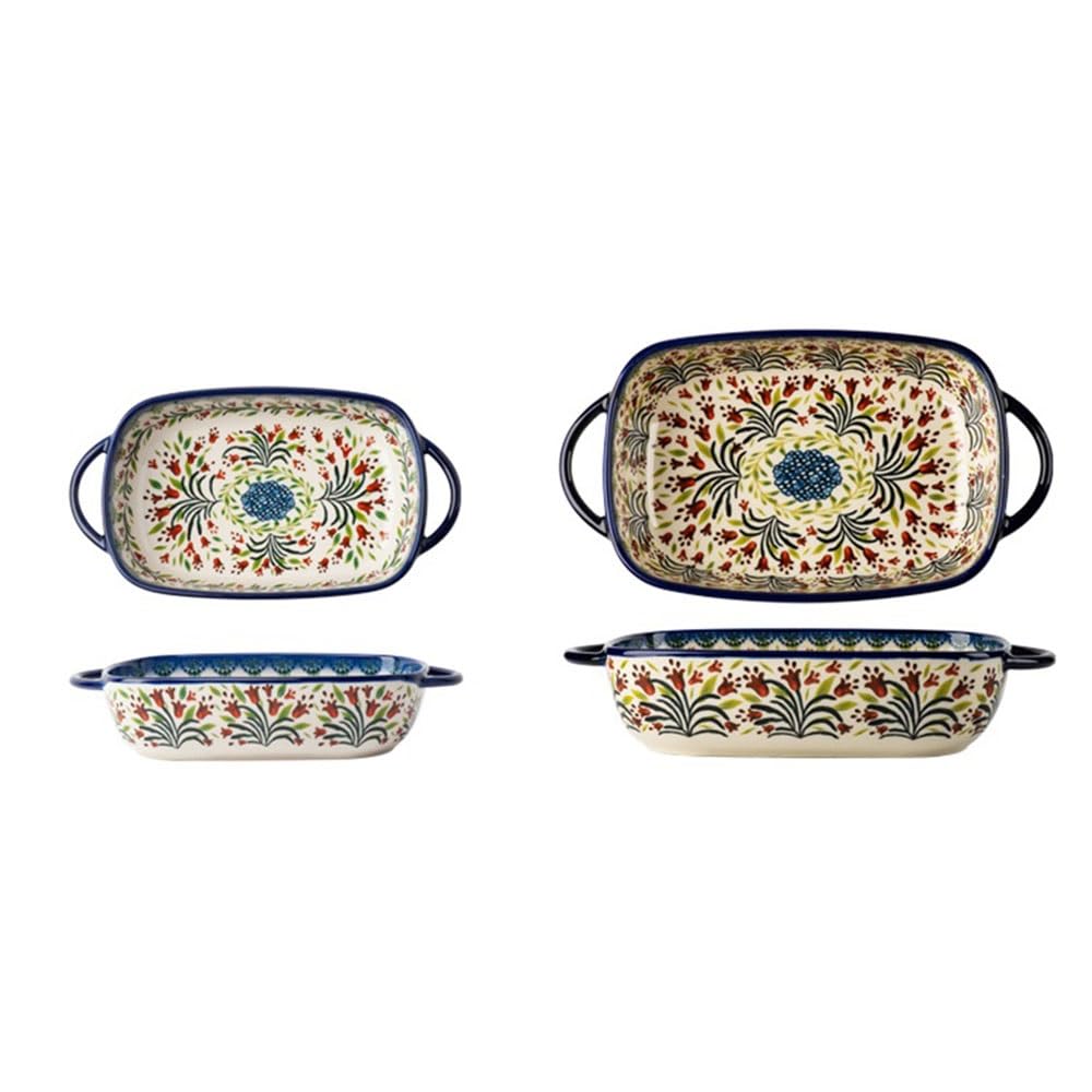 Plat de cuisson Moule à pâtisserie rectangulaire vintage double poignée, peint la main, motif floral, for maison, for riz cuit au four, salade Casserole